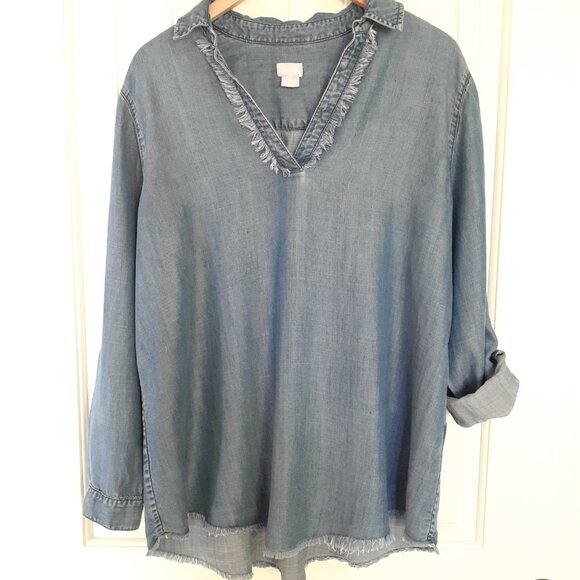 Chico's Tencel Collar Split Neck Top Roll Tab Sleeves Fringe Blue Size 3/Size XL - Picture 6 of 12
